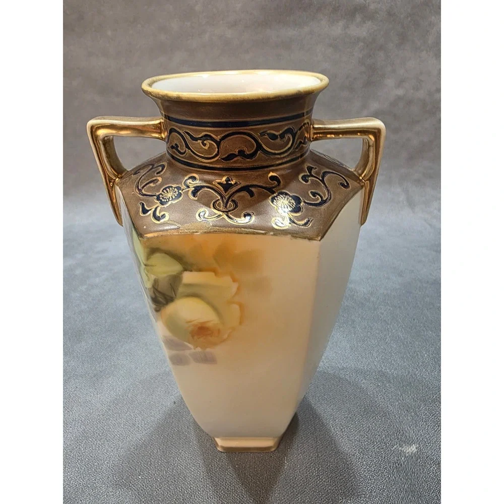 Vintage Noritake‎ Hand Painted Porcelain Vase Hexagon Moriage Gold Rose K Saito